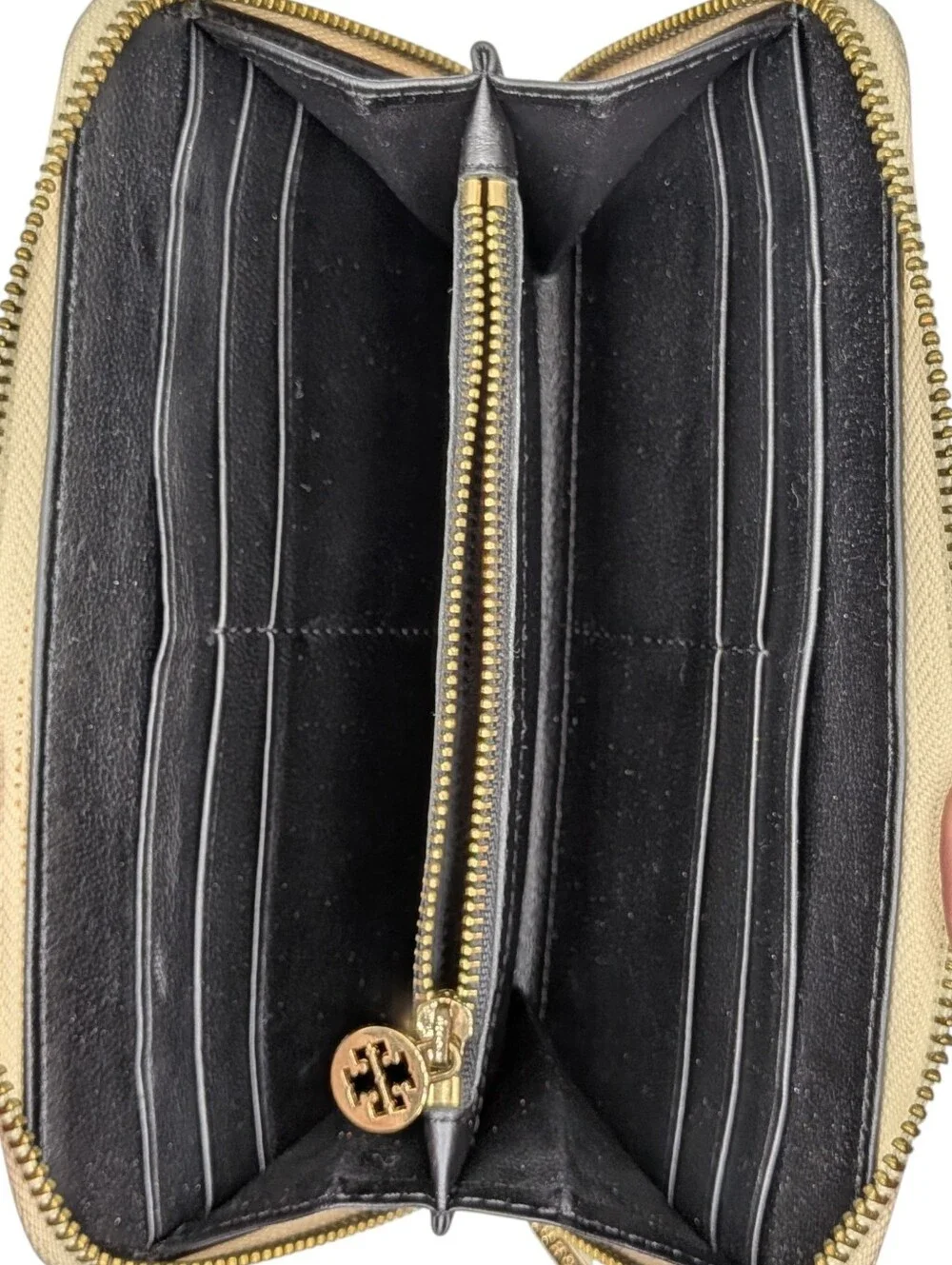 Tory Burch Wallet Large Logo Golden Metallic Leather Zip Around Continental Long